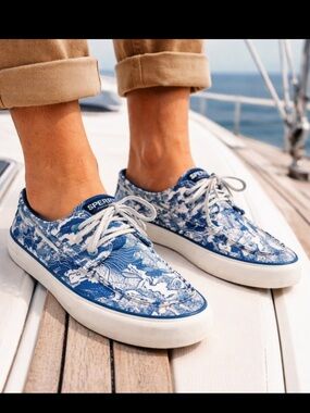 Sperry Top-Sider | Men 10.5 | Blue & White Bahama Coral Print Boat Shoes Slip-On